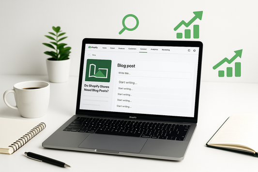 "Laptop on white desk showing a Shopify blog post titled 'Do Shopify Stores Need Blog Posts?', with coffee cup, notepad, and green SEO growth icons symbolizing content marketing success."