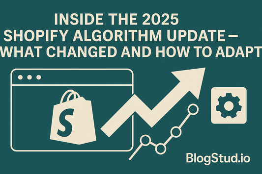 Teal and cream hero graphic representing the 2025 Shopify SEO algorithm update and performance improvements.