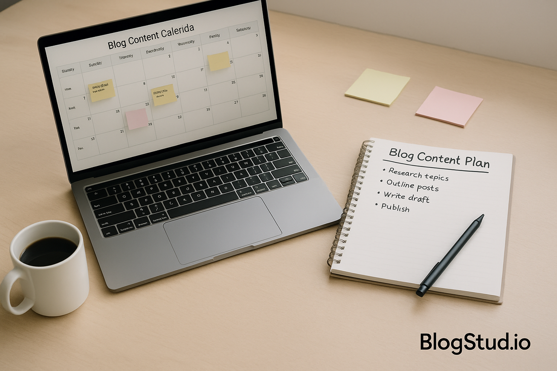 Neatly arranged workspace with laptop displaying a Shopify content planner, notebook, and coffee cup, subtly branded with BlogStud.io — representing organized blog strategy and growth.