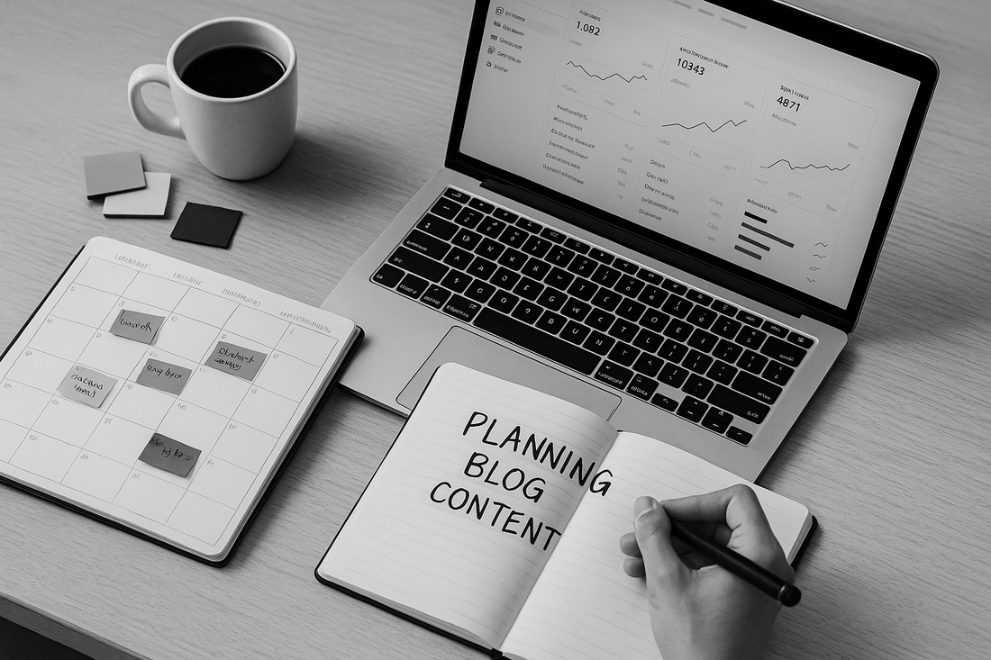 Calendar overlay and laptop illustrating a monthly Shopify blog content plan.