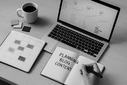 Calendar overlay and laptop illustrating a monthly Shopify blog content plan.